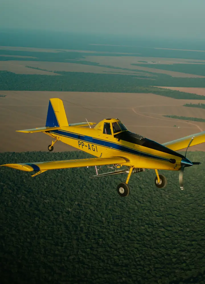 Agricultural spraying company using drones and agricultural aircraft in Mato Grosso.